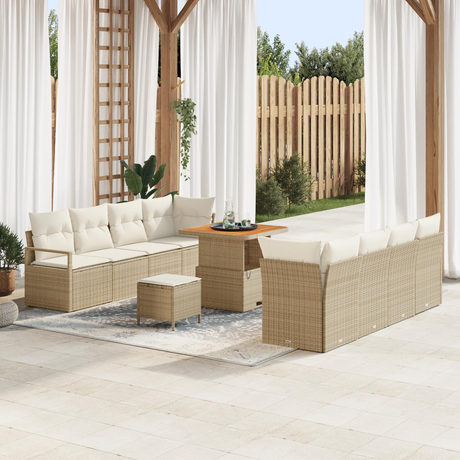 11 Stykker Have Sofa Sæt med Puder Beige Poly Rattan Akacia,  2-sæders Have Sofa med Puder Beige Poly Rattan,  3 Stykker Have Spisestel med Puder Beige Poly Rattan Akacia