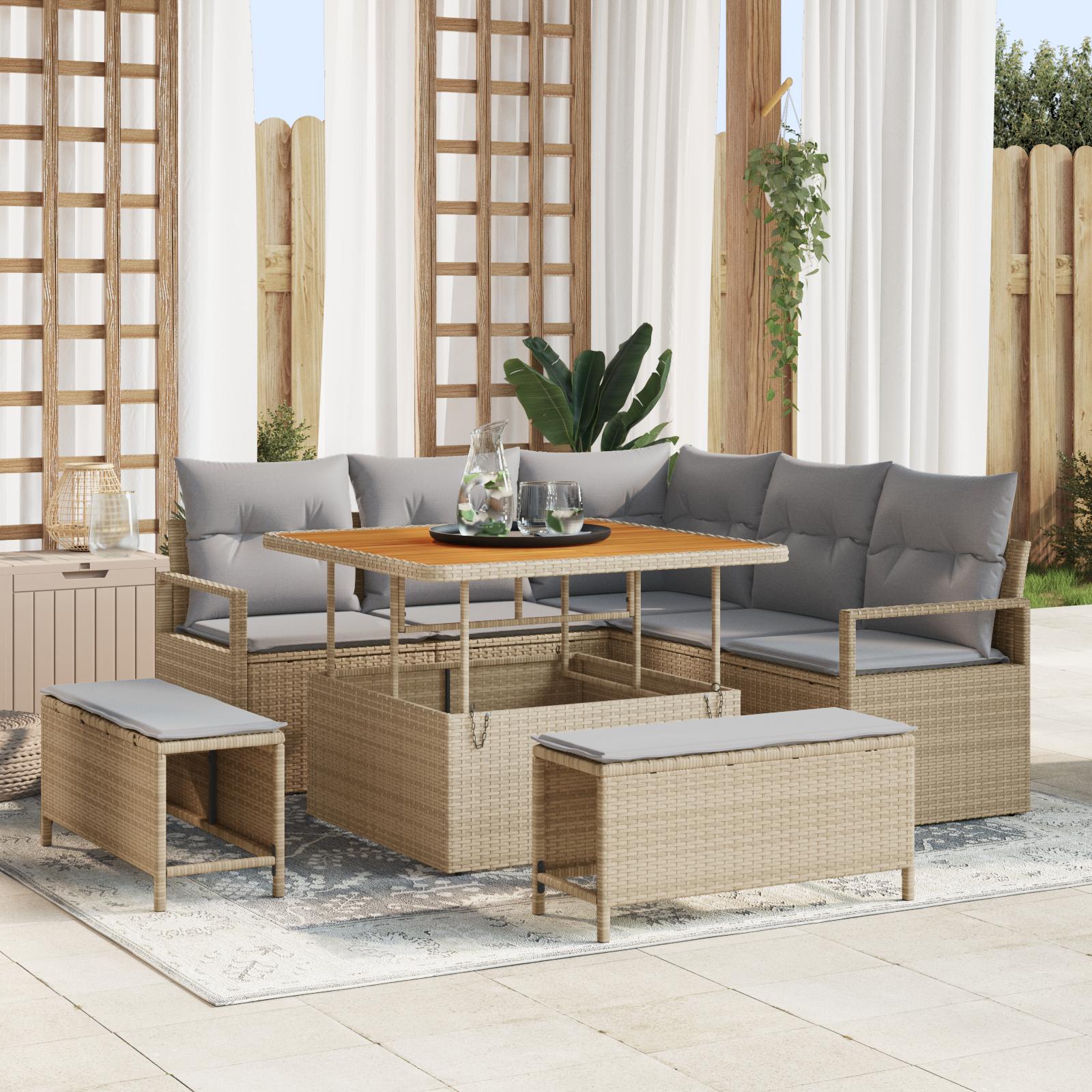 8 Stk Have Sofa Sæt med Hynder Beige Poly Rattan Akacia,  2-Sæders Have Sofa med Hynder Beige Poly Rattan,  3 Stk Have Spisesæt med Hynder Beige Poly Rattan Akacia
