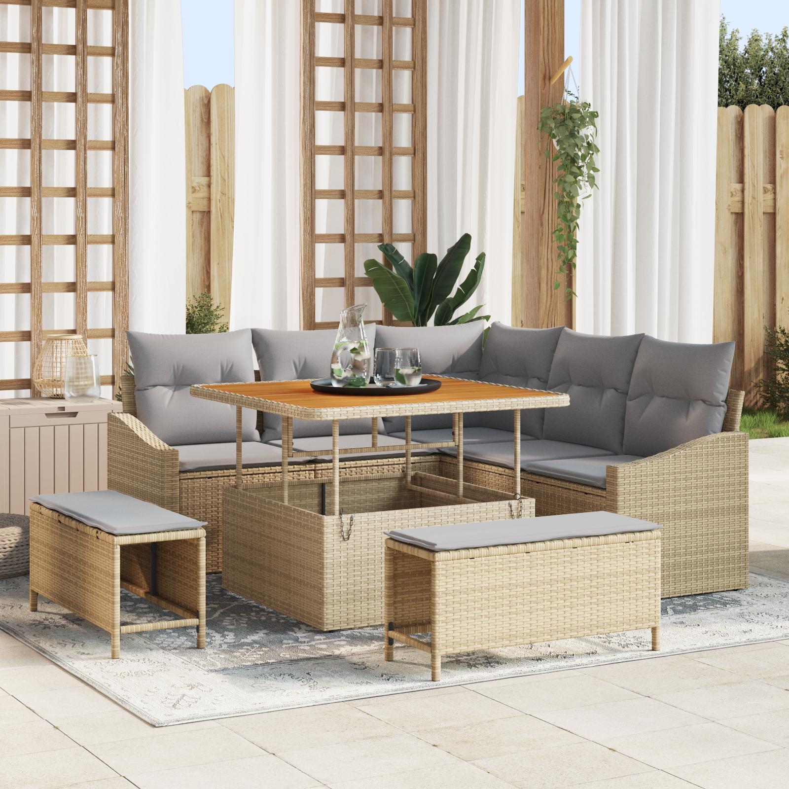 8 Stykke Have Sofa Sæt med Puder Beige Poly Rattan Akacietræ,  2-Sæders Have Sofa med Puder Beige Poly Rattan,  3 Stykke Have Spise Sæt med Puder Beige Poly Rattan Akacietræ