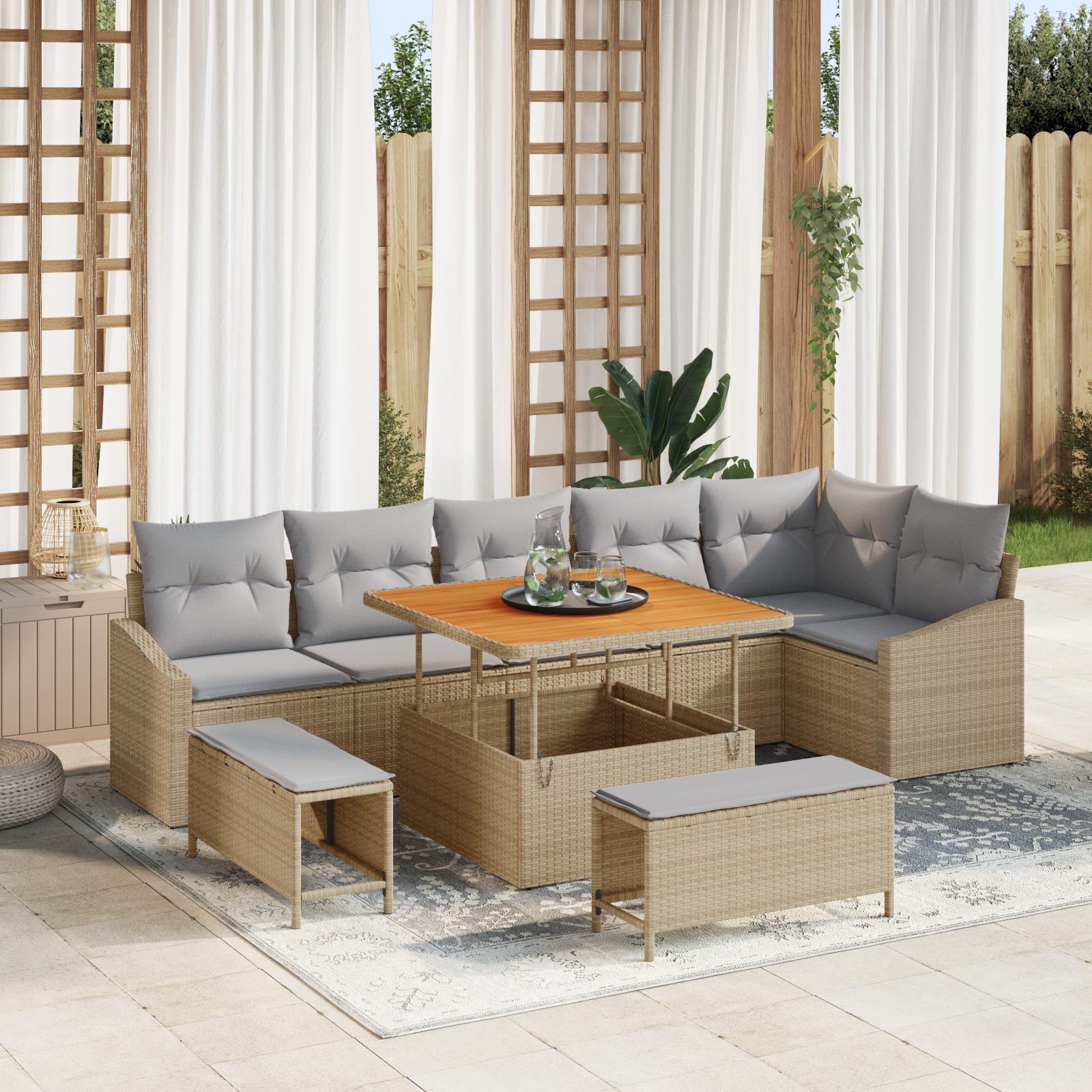 9-delers have sofa sæt med puder beige poly rattan akacia,  2-personers have sofa med puder beige poly rattan,  3 dele have dining sæt med puder beige poly rattan akacia
