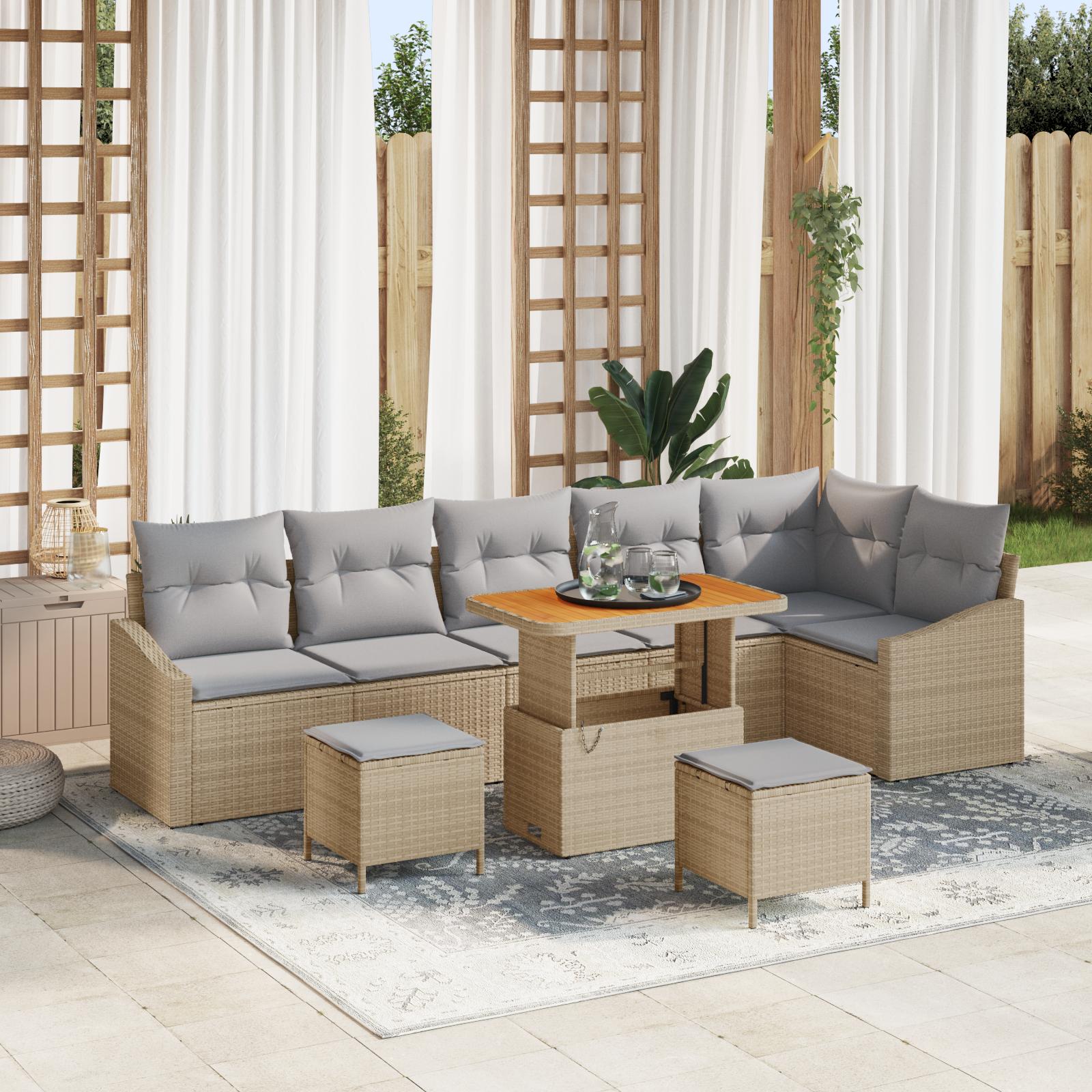 9-delt havesofasæt med puder Beige Polyrattan Akacia,  2-personers havesofa med puder Beige Polyrattan,  3-delt havemadbordssæt med puder Beige Polyrattan Akacia