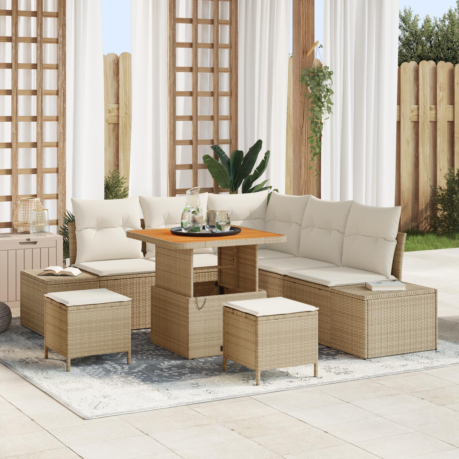 8 Delt Have Sofasæt med Puder Beige Poly Rattan Akacia,  2-Personers Have Sofa med Puder Beige Poly Rattan,  3 Delt Have Spise Sæt med Puder Beige Poly Rattan Akacia