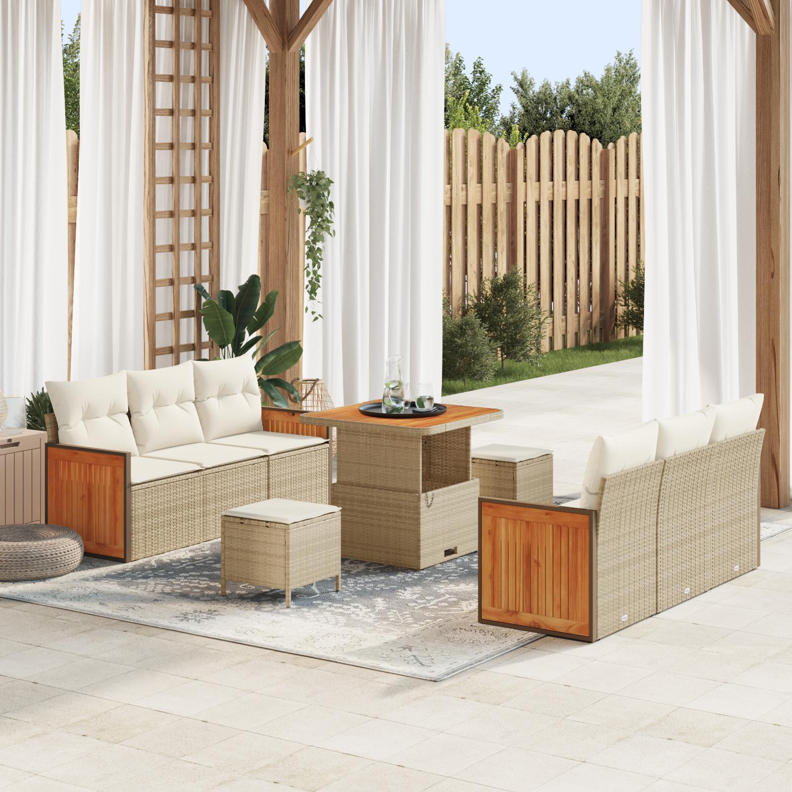 9-delt Have Sofa Sæt med Hynder Beige Poly Rattan Akacia,  2-personers Have Sofa med Hynder Beige Poly Rattan,  3-delt Have Spise Sæt med Hynder Beige Poly Rattan Akacia
