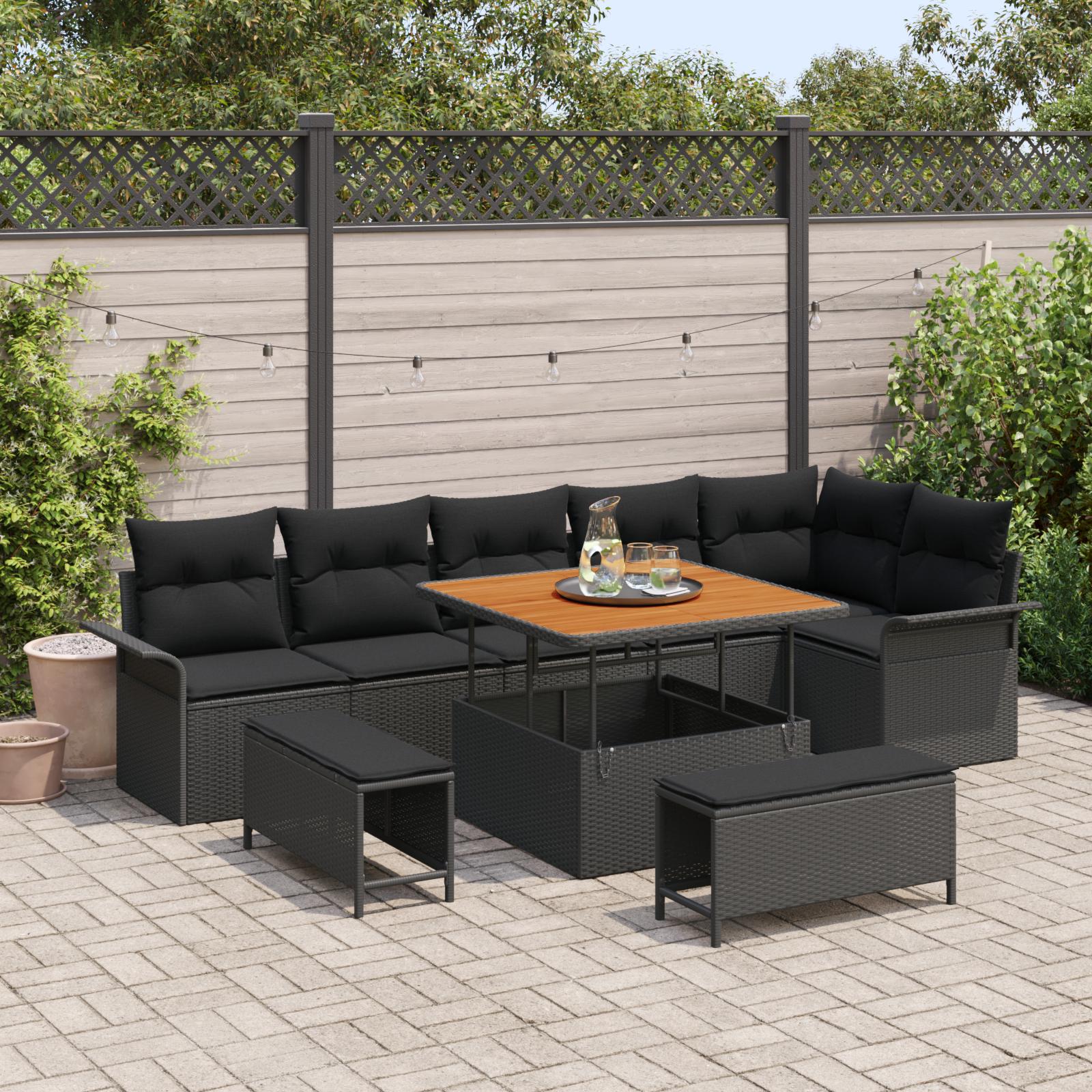 Havesofa Sæt med pude med pude 9 stk Sort 100 x 100 x 71 cm billede