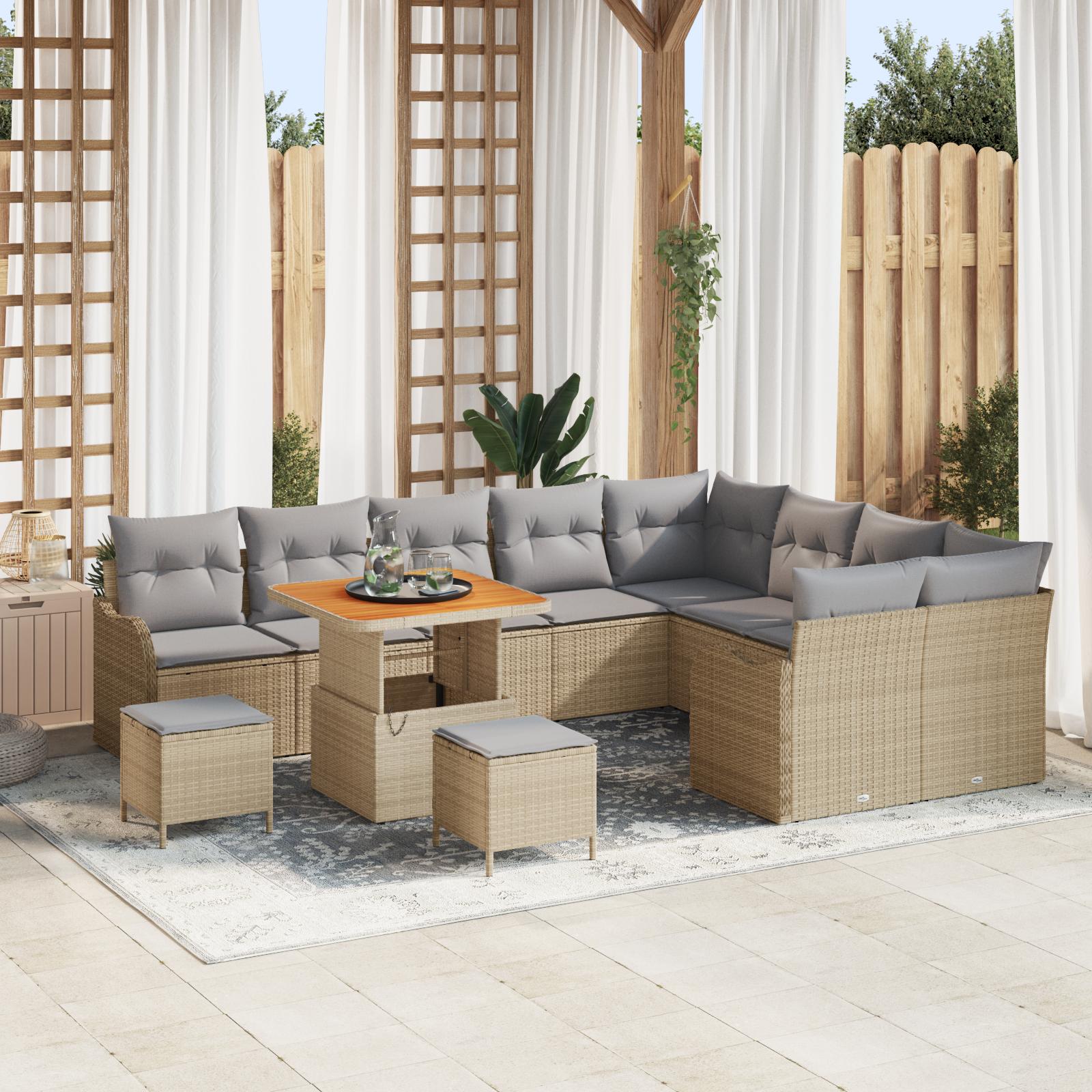 12 Stykker Have Sofa Sæt med Hynder Beige Poly Rattan Akacia,  2-Sæders Have Sofa med Opbevaring & Hynder Beige Poly Rattan,  3 Stykker Have Spise Sæt med Hynder Beige Poly Rattan Akacia