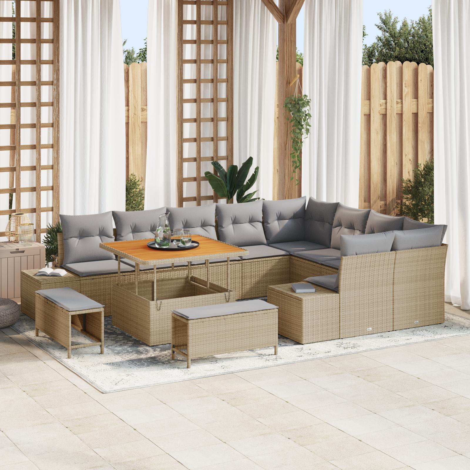 12 Stykke Have Sofa Sæt med Hynder Beige Poly Rattan Akacie,  2-personers Have Sofa med Opbevaring & Hynder Beige Poly Rattan,  3 Stykke Have Spise Sæt med Hynder Beige Poly Rattan Akacie