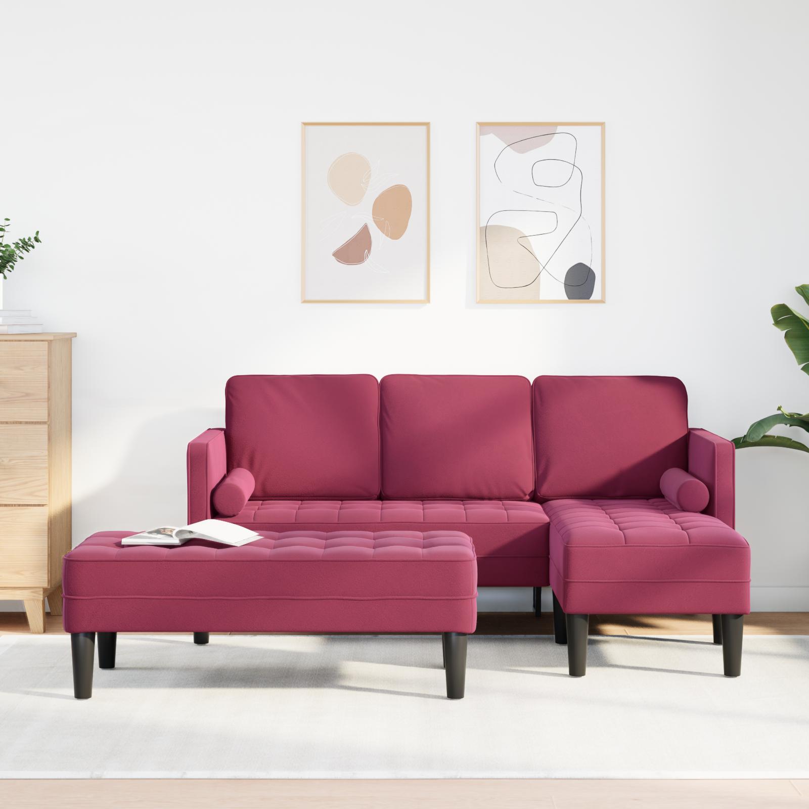Have Sofa med Bænk og Puder L-formet Vinrød Fløjl&& 3-personers Sofa med Chaise L-formet Vinrød 160 cm Fløjl&& Bænk Vinrød 113x57x39 cm Fløjl