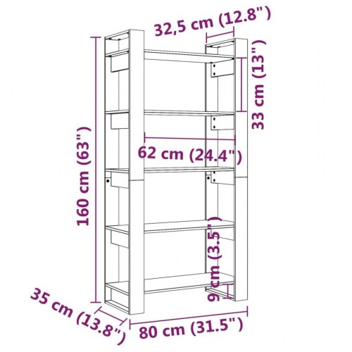 Bogreol/rumdeler 80x35x160 cm massivt fyrretræ hvid