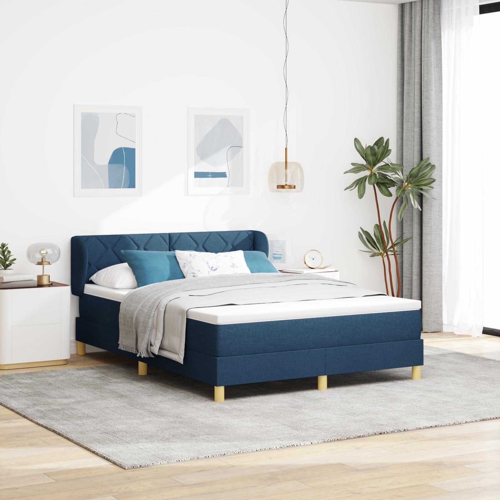 Boks madrasseng med madras creme 90x200 cm stof med madras Blå