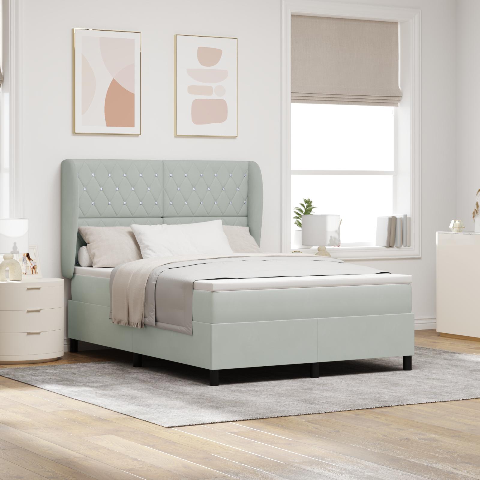 Box Spring Seng Med Madras Lysegrå 160 X 200 Cm Fløjl