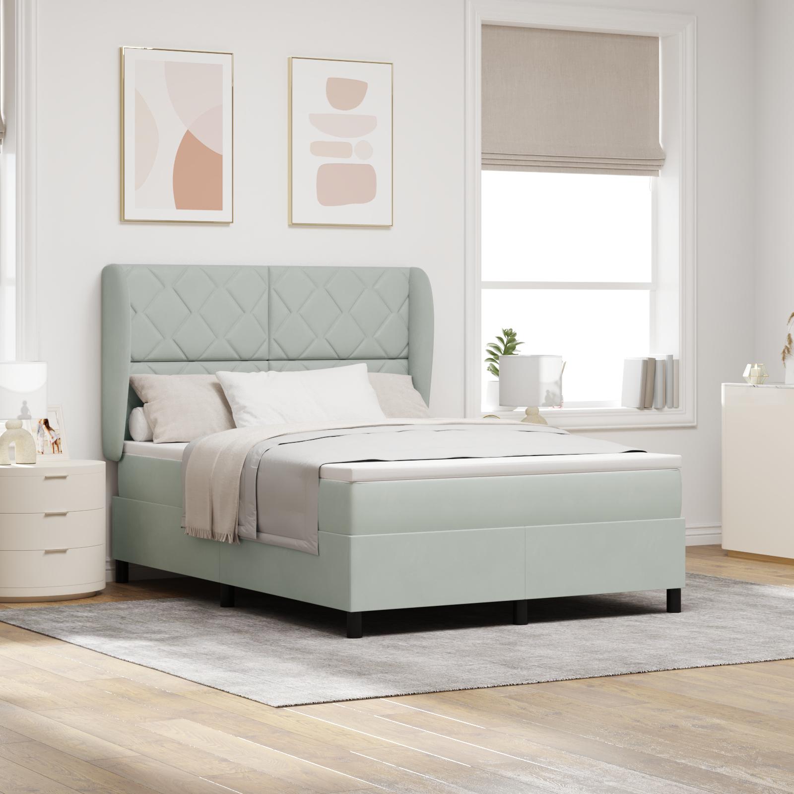 Box Spring Seng Med Madras Lysegrå 140 X 200 Cm Fløjl