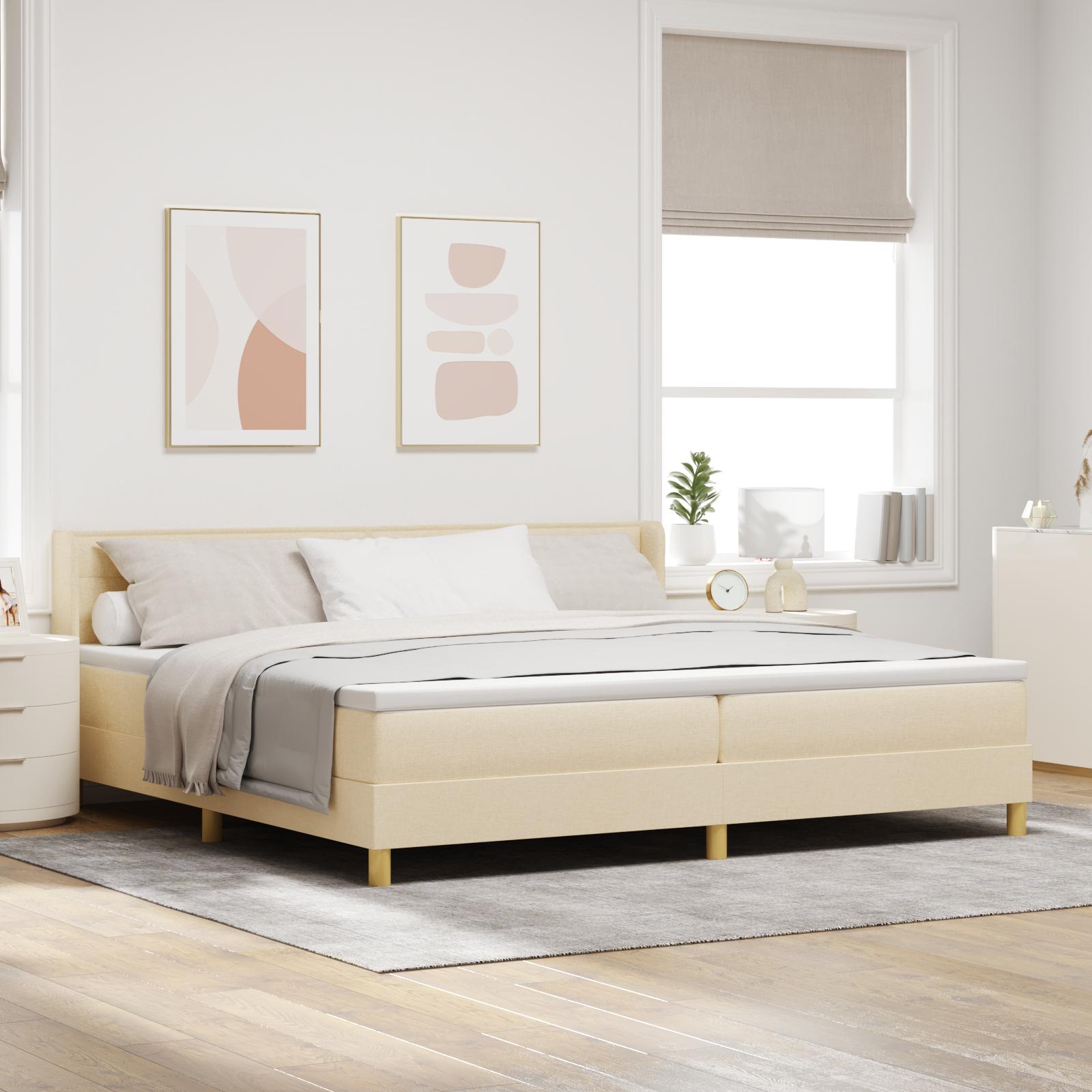 Boxspring seng med madras creme 200x200 cm stof&& sengegavl linjer design creme 200 cm stof