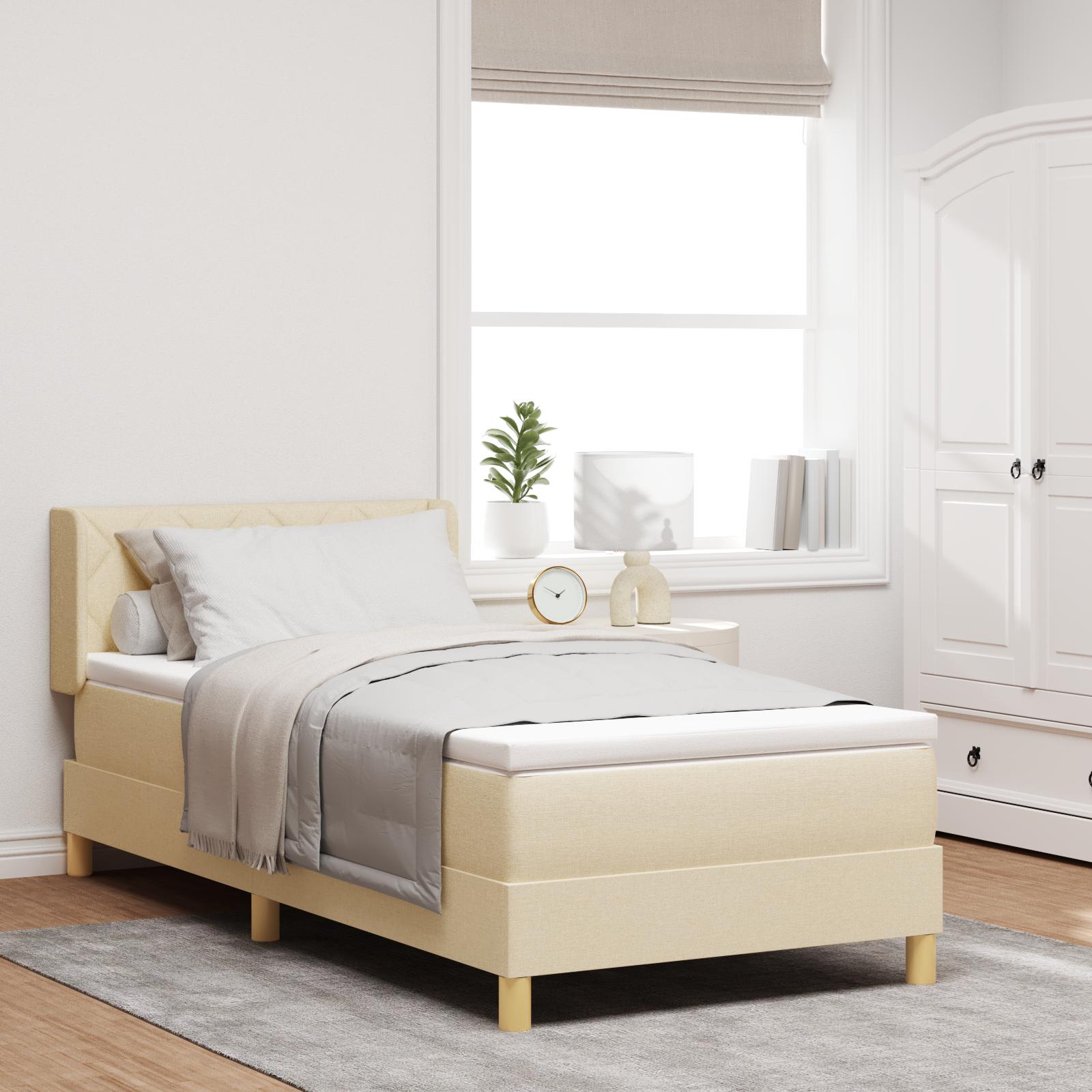 Boxspring Seng med madras Creme 100x200 cm Stof&& Sengegavl Diamond Blocks Design Creme 100 cm Stof