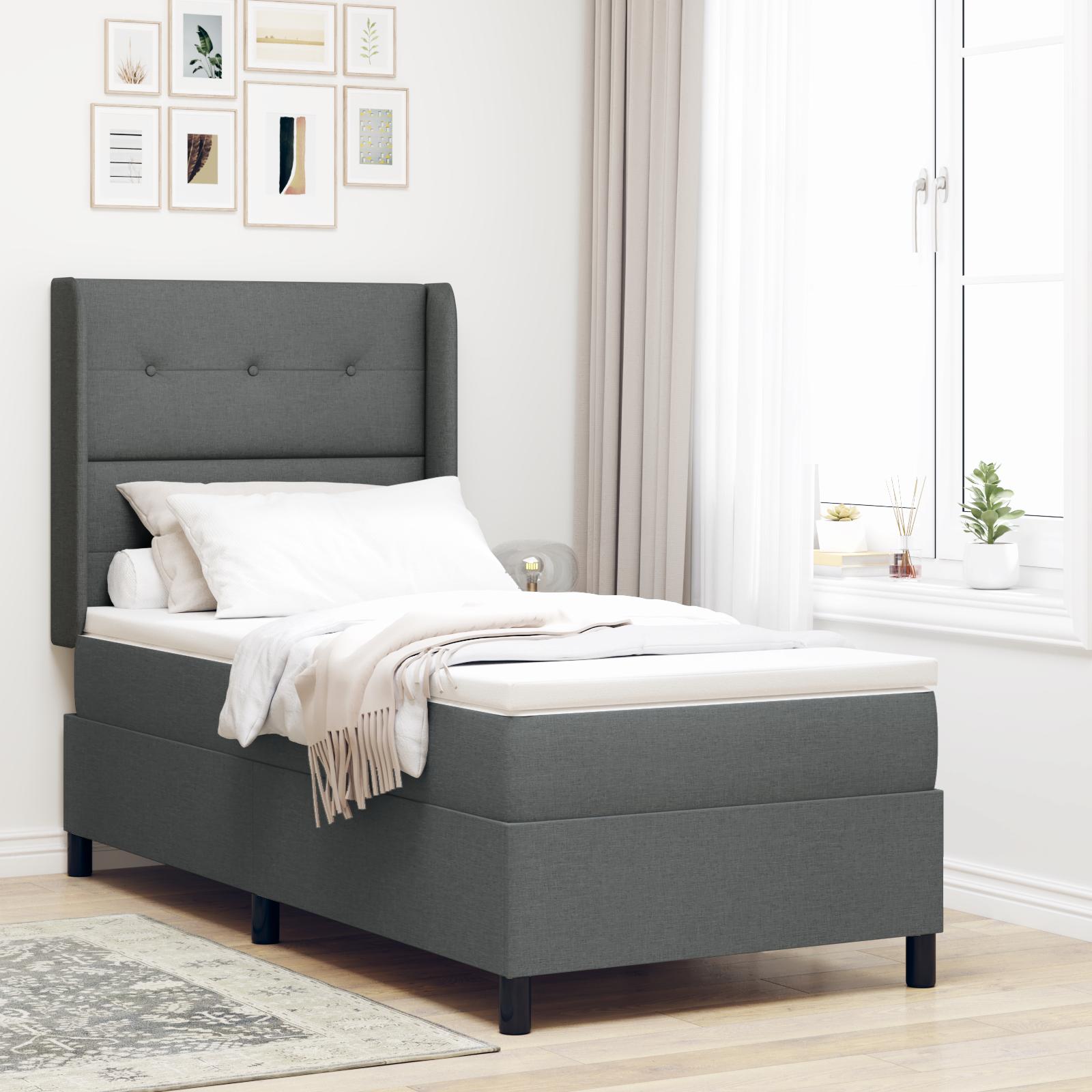 Kontinentalseng 90 x 190 cm med justerbar sengegavl og topmadras - mørkegrå stof