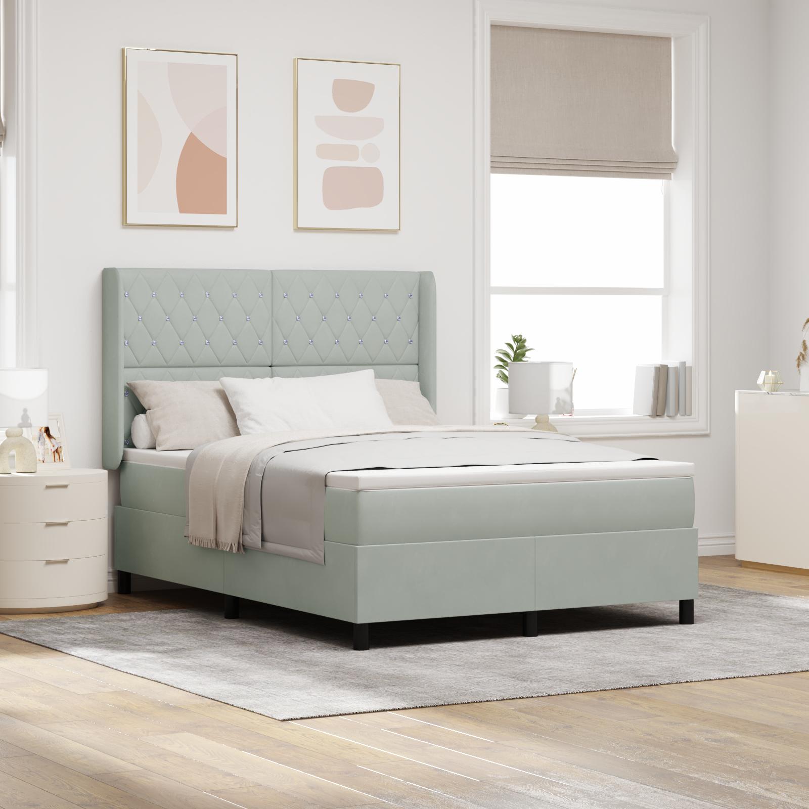 Box Spring Seng Med Hovedgærde Lysegrå 140 X 200 Cm Fløjl