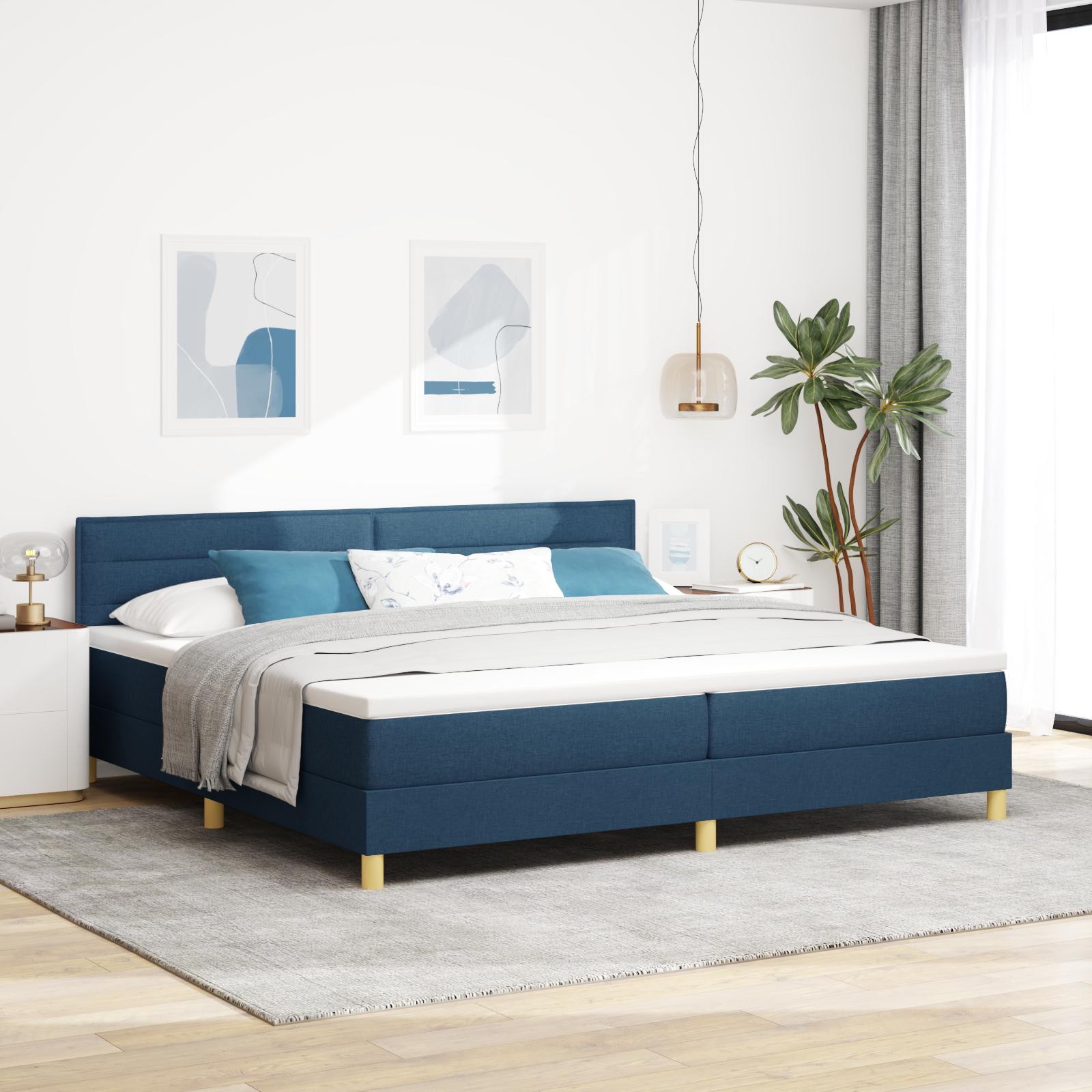 Box Spring Seng med Madras & LED Blå 200x200 cm Stof