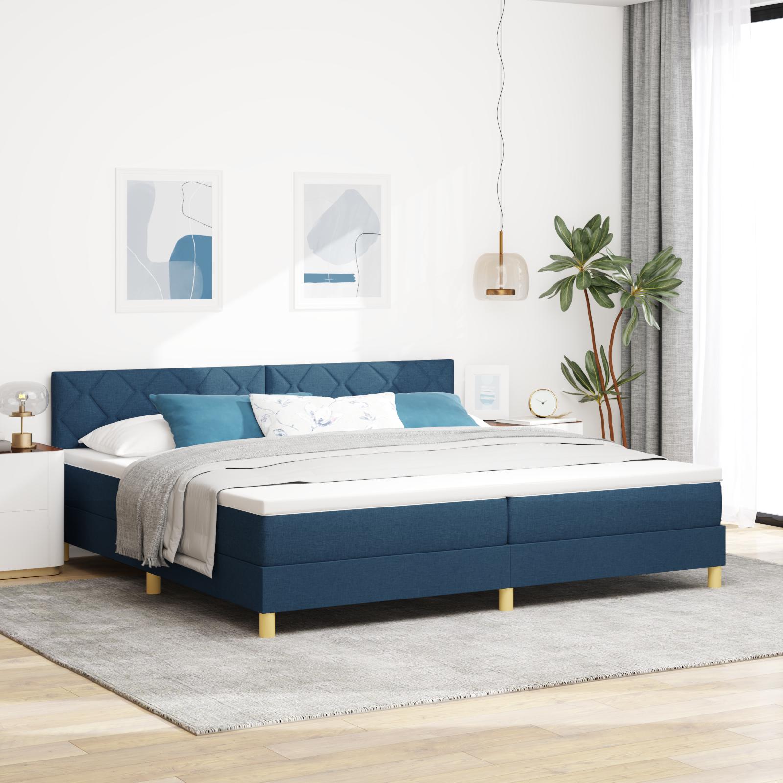Box Spring Seng Med Madras Med Hovedgærde Blå 200 X 200 Cm Stof
