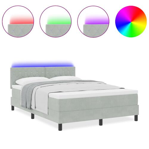 Boxspring Seng med Madras & LED Lys Lysegrå 140x200 cm Fløjl