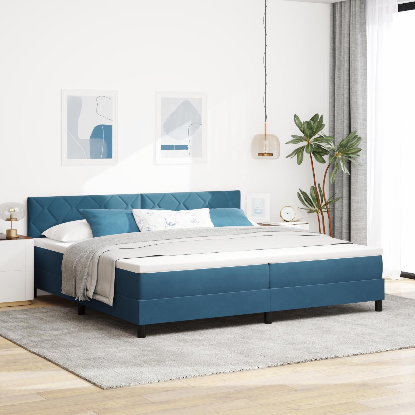 Box Spring Seng med Madras & LED Mørkeblå 200x200 cm Fløjl