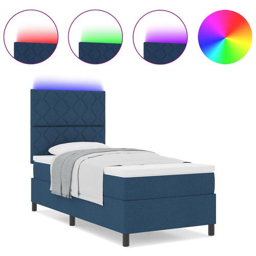 Box Spring Seng med Madras & LED Blå 90x200 cm Stof