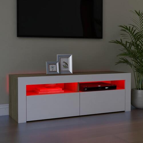 Tv-bord med LED-lamper 120x35x40 cm hvid og sonoma-eg