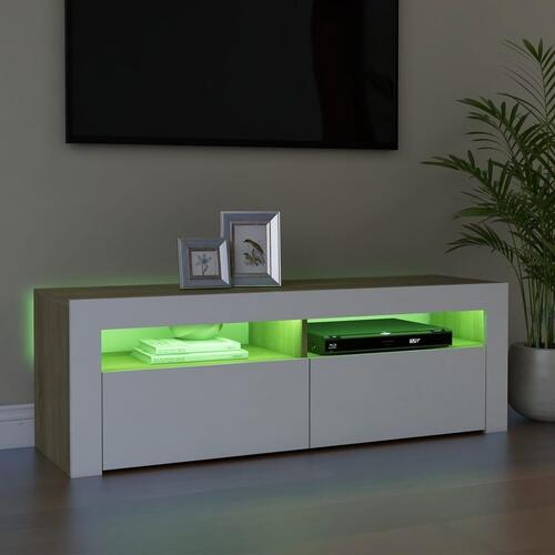 Tv-bord med LED-lamper 120x35x40 cm hvid og sonoma-eg