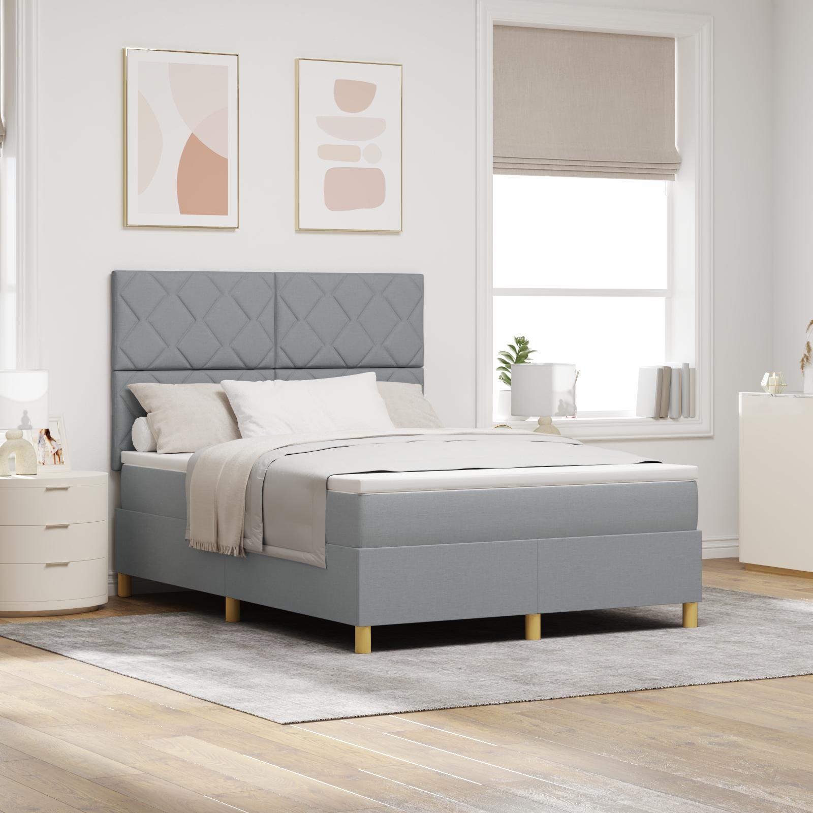 Box Spring Seng med Madras & LED Lys Grå 140x200 cm Stof