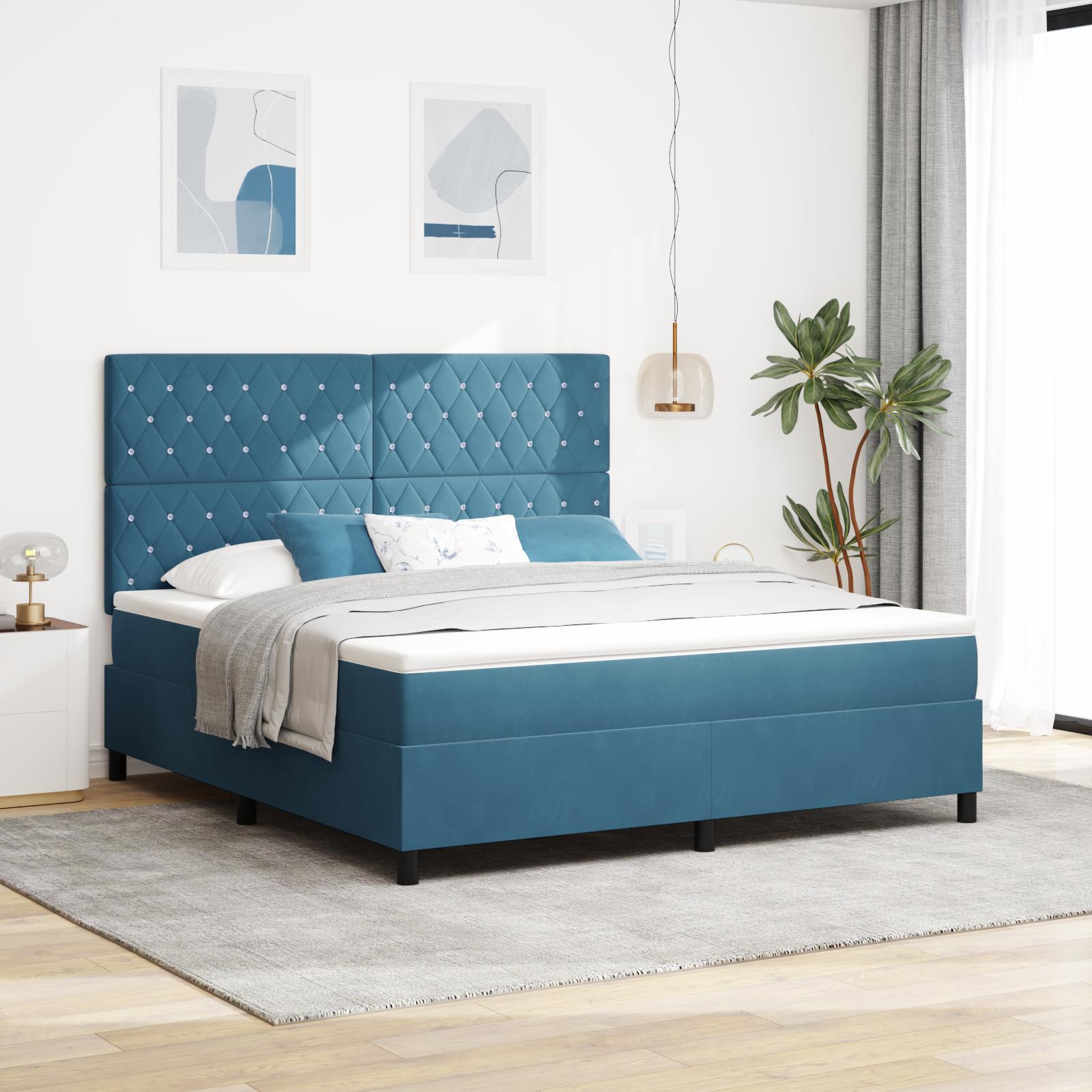 LED Box Spring Bed med madras Mørk blå 180 x 200 cm Stof billede