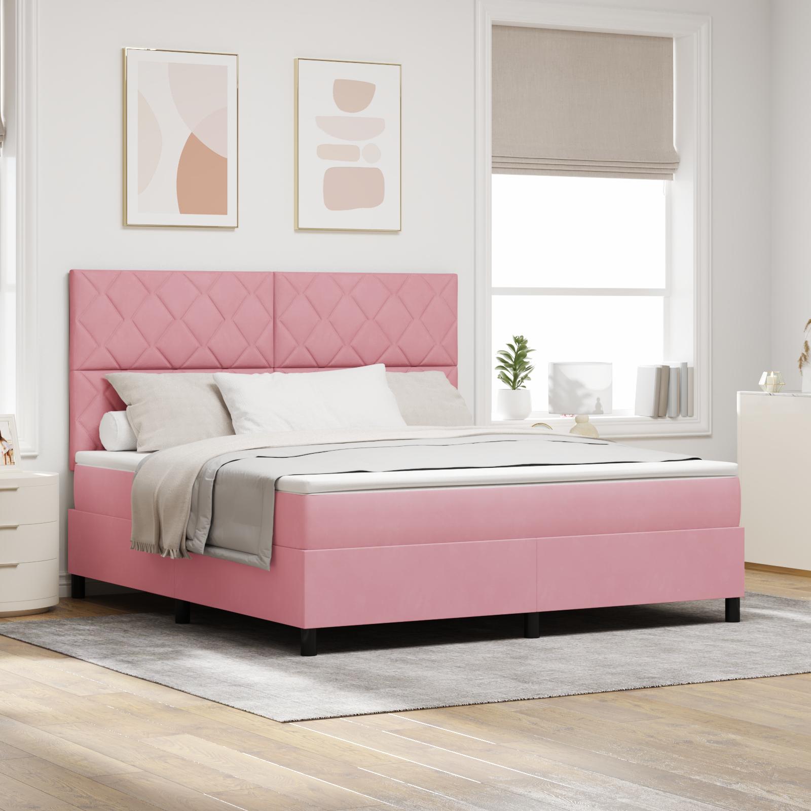 LED boxspring seng med hovedgærde 180 x 200 cm i lyserød fløjl
