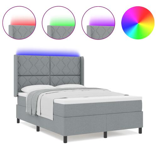 Box Spring Seng med Madras & LED Lys Lysegrå 140x200 cm Stof