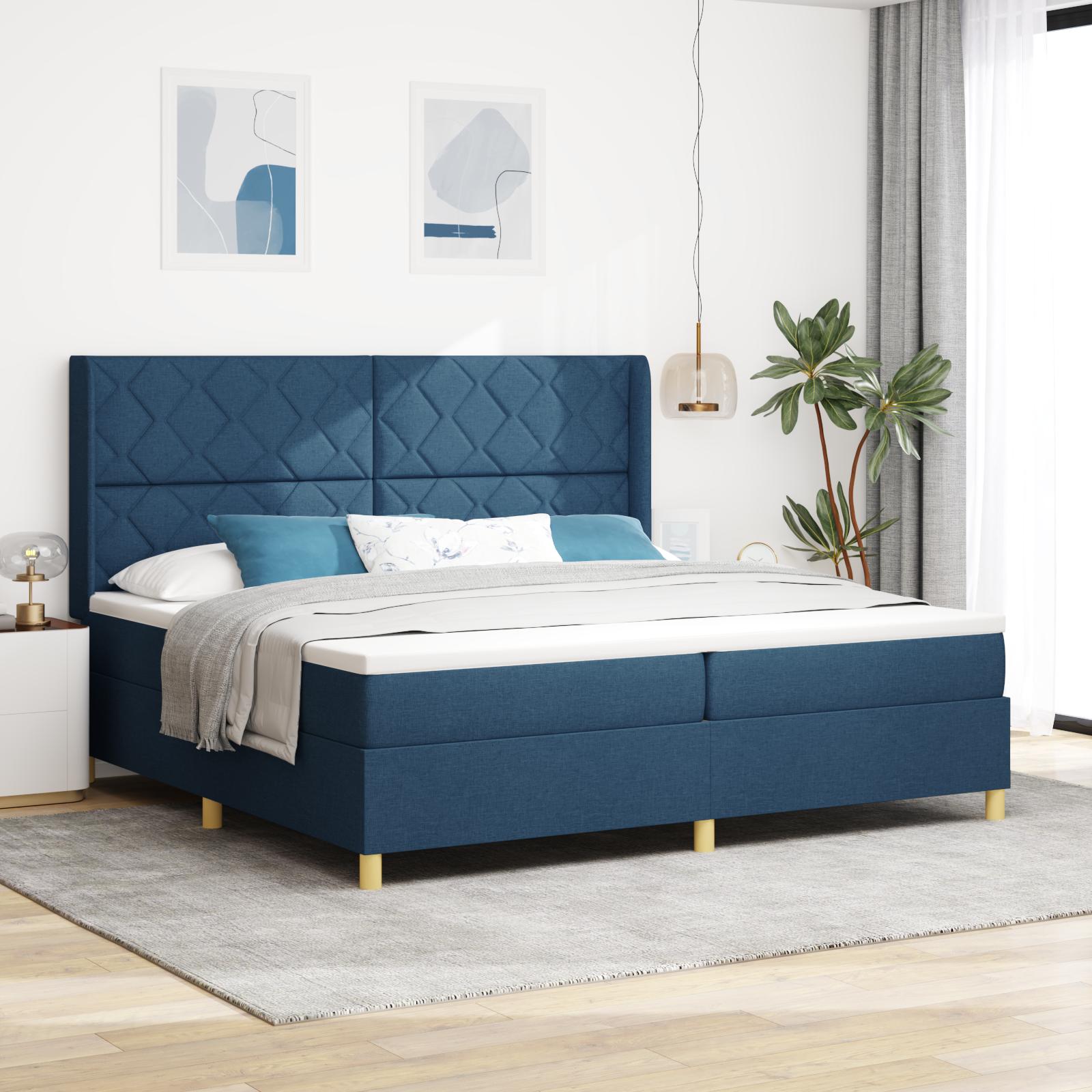 Box Spring Seng med Madras & LED Blå 200x200 cm Stof