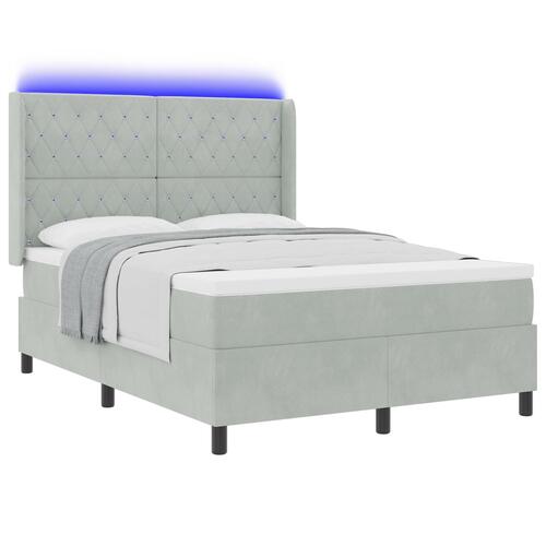 Box Spring Seng med Madras & LED Lys Lys Grå 140x200 cm Fløjl