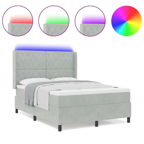 Box Spring Seng med Madras & LED Lys Lys Grå 140x200 cm Fløjl