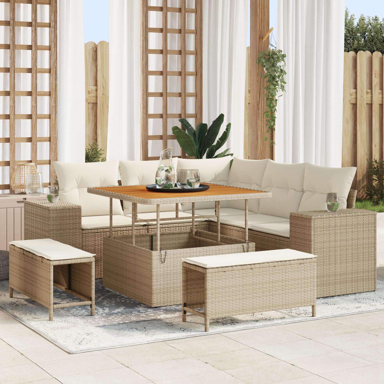 8-delers Havesofa Sæt med Puder Beige Poly Rattan Acacia&& 3-delers Have Spisesæt med Puder Beige Poly Rattan Acacia