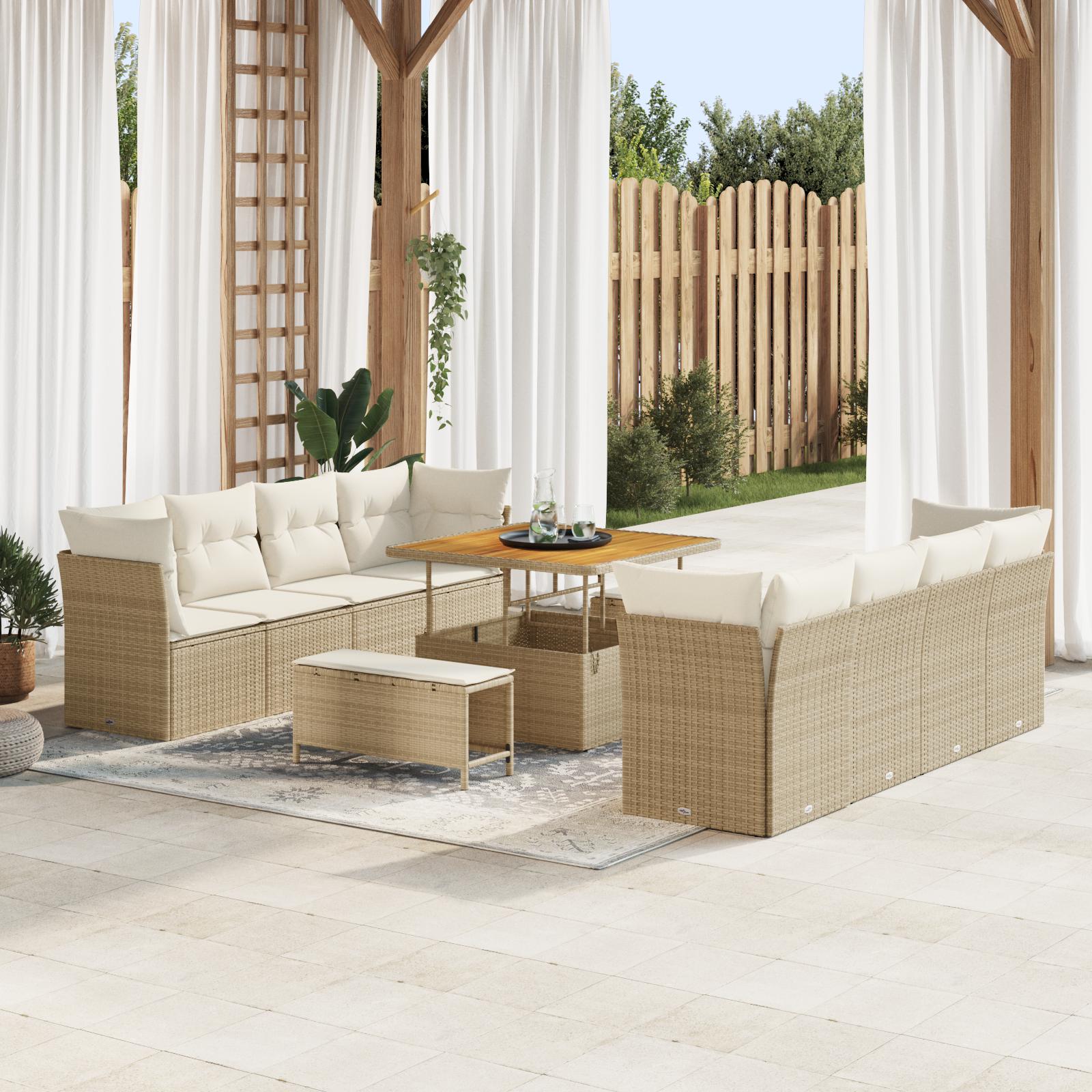 Modulært havesofa sæt i polyrattan - 11 dele, beige/creme, højdejusterbart bord billede