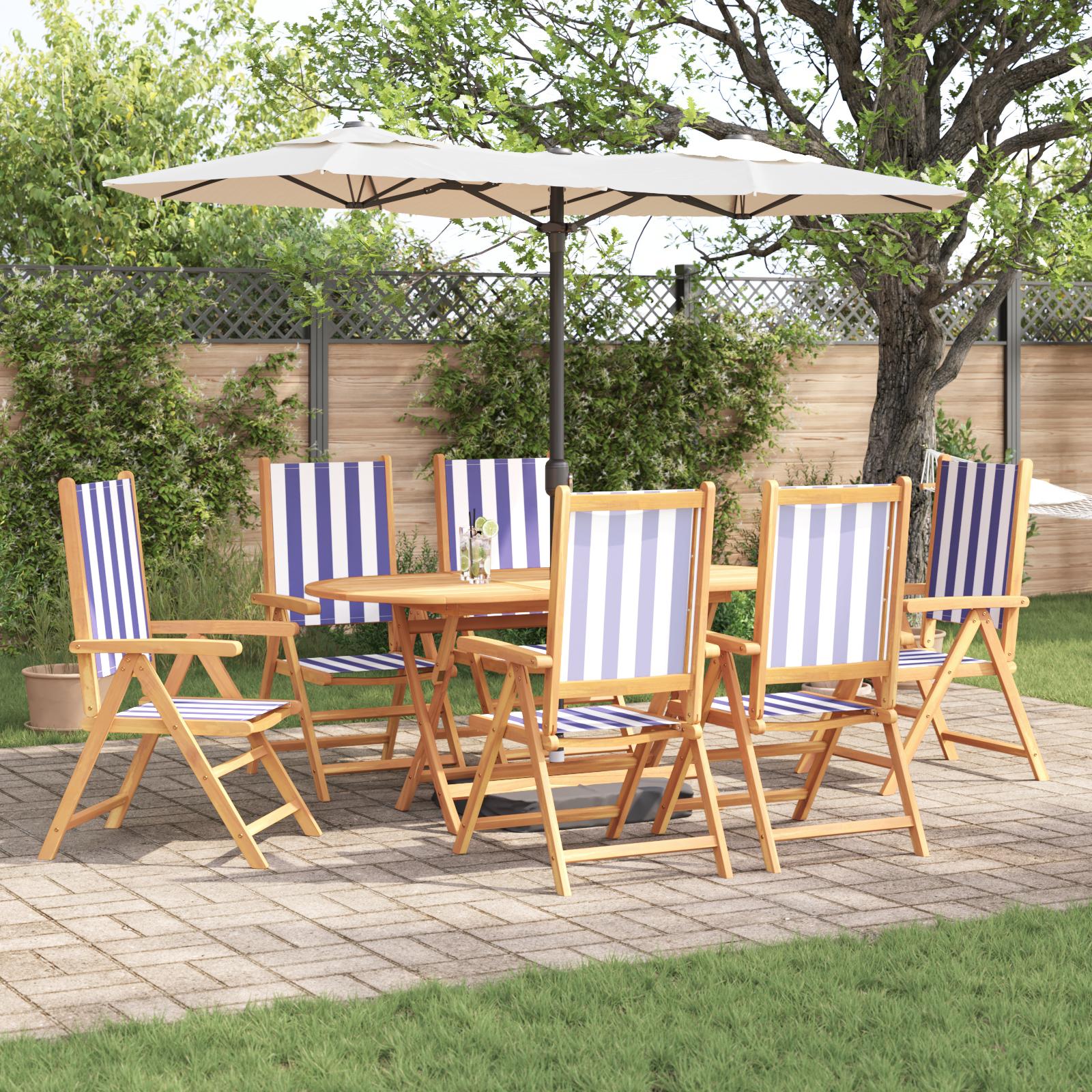 7 Dele Have Spise Sæt Blå og Hvid Solid Akacietræ