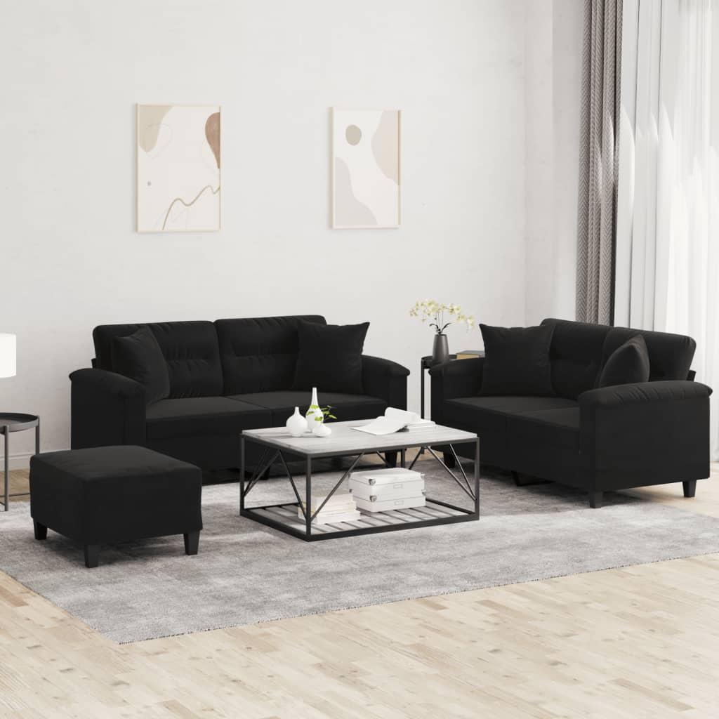 3 personers sofa med puder mikrofiberstof sort