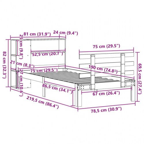 Seng med reol uden madras 75×190 cm - massivt fyrretræ