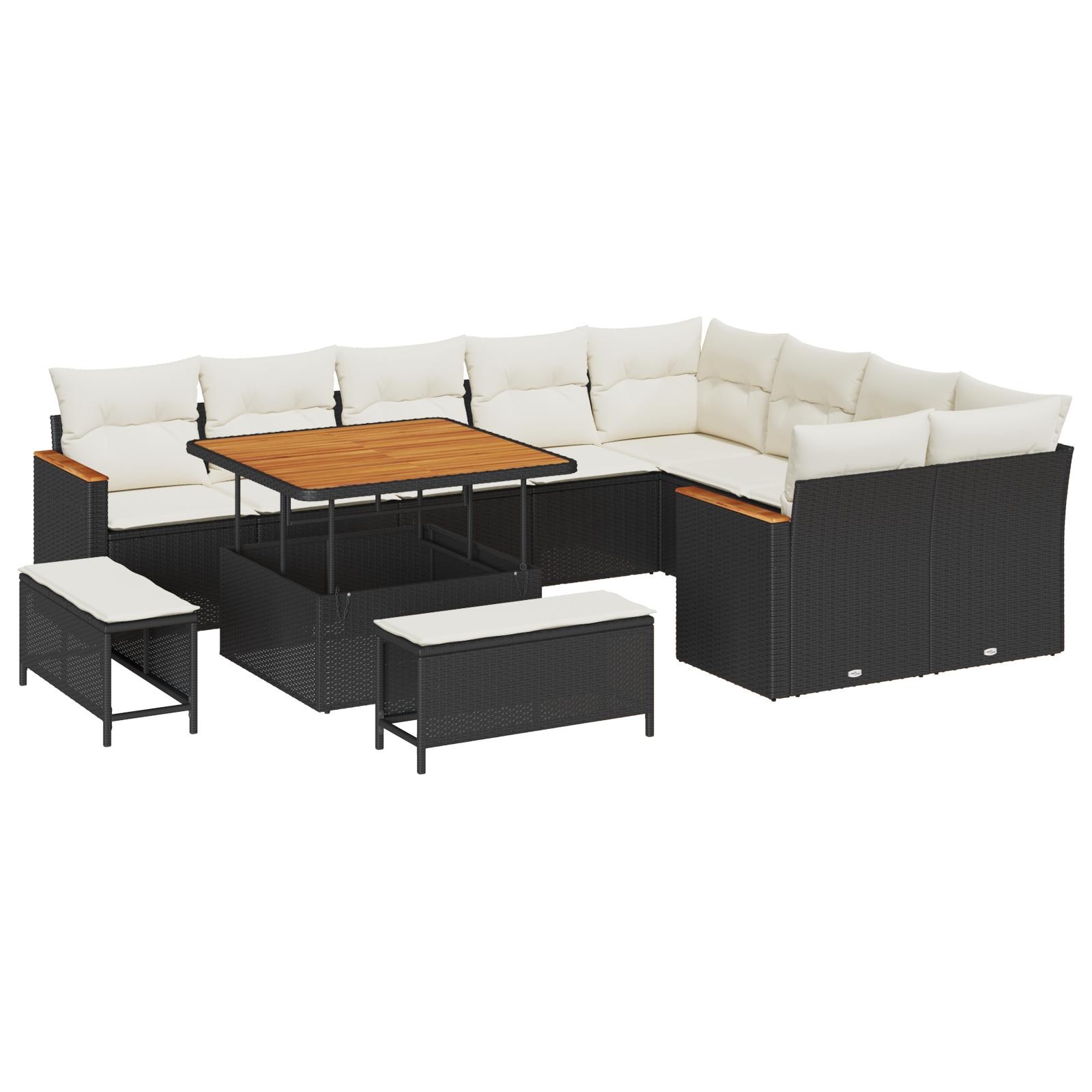 Havesofa Sæt Med Pude Med Opbevaring 12 Dele Poly Rattan - Sort og cremefarvet / 100 cm bordlængde
