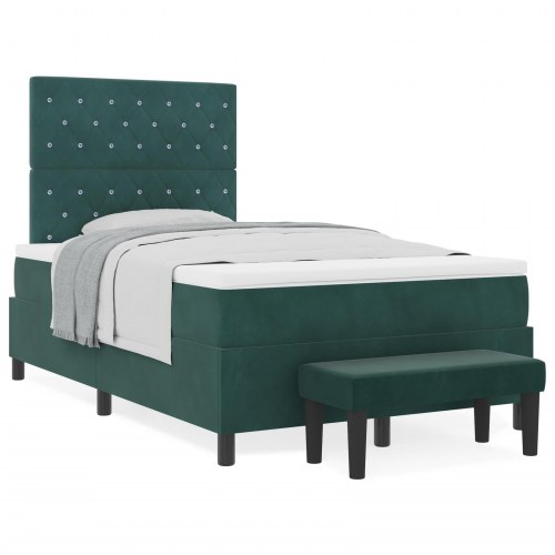 Box Spring Seng med Madras & Bænk Mørkegrøn 120x200 cm Fløjl