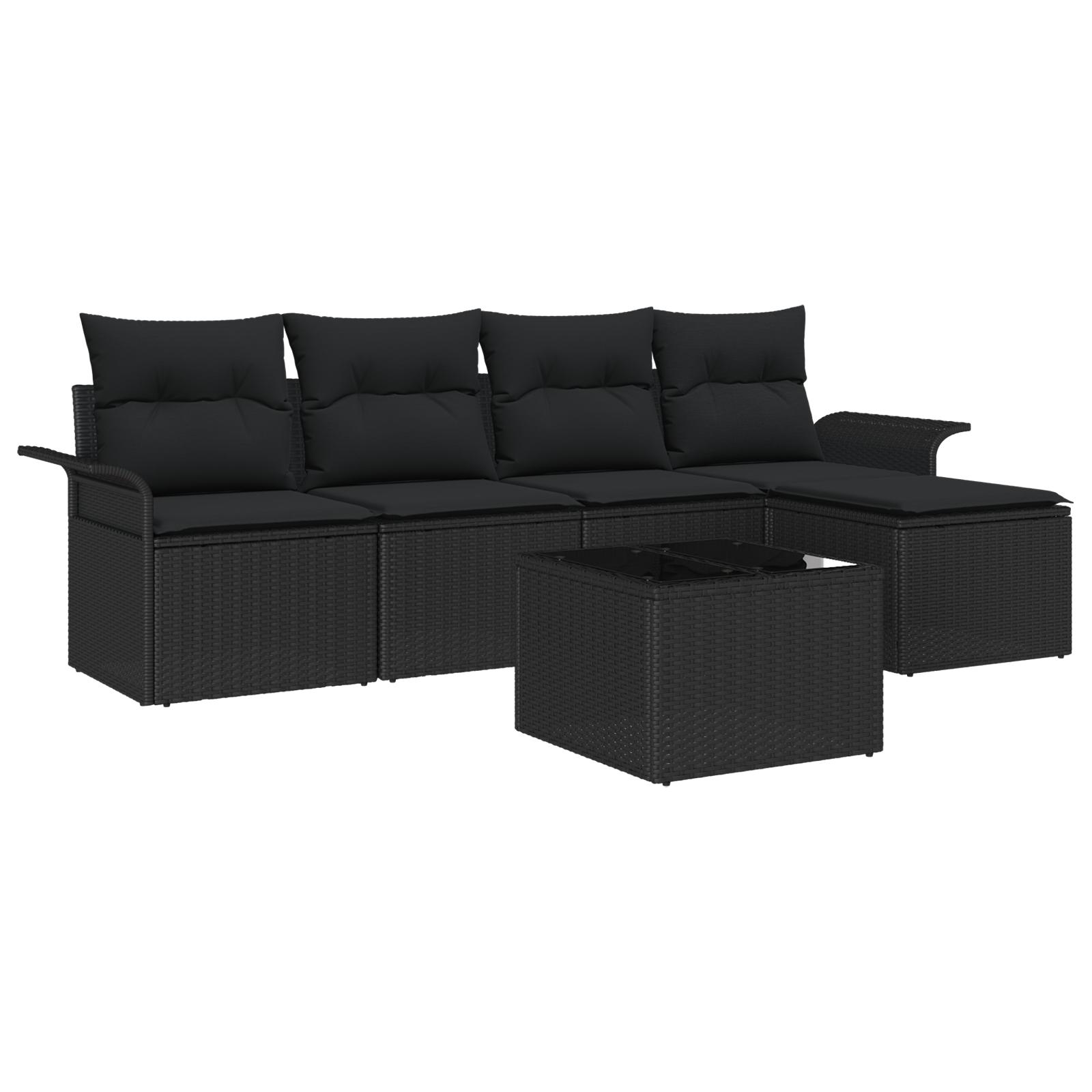 Havesofa Sæt med pude 6 stk Sort Poly rattan