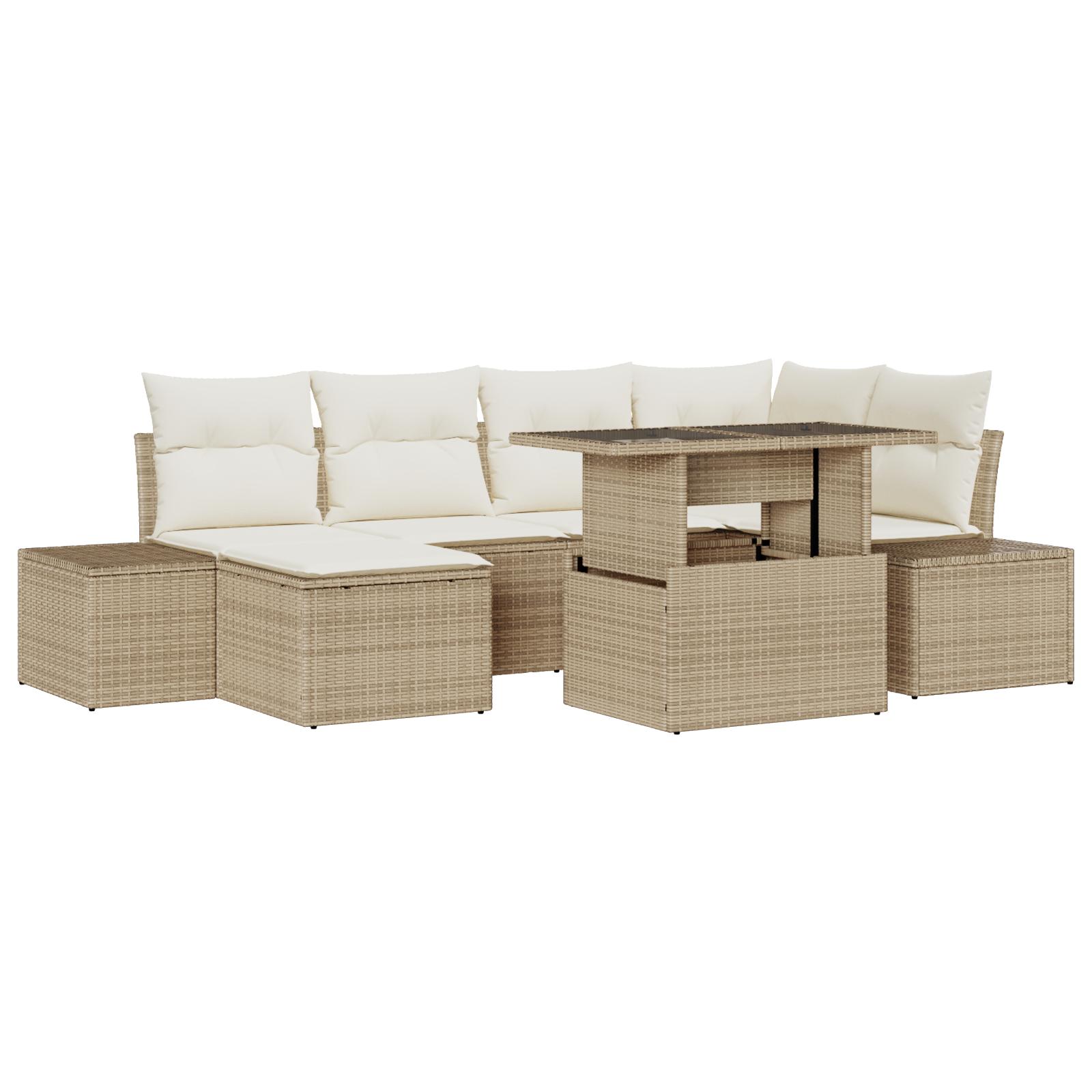 Havesofa-sæt med opbevaring, 7 dele - beige polyrattan, højdejusterbart bord