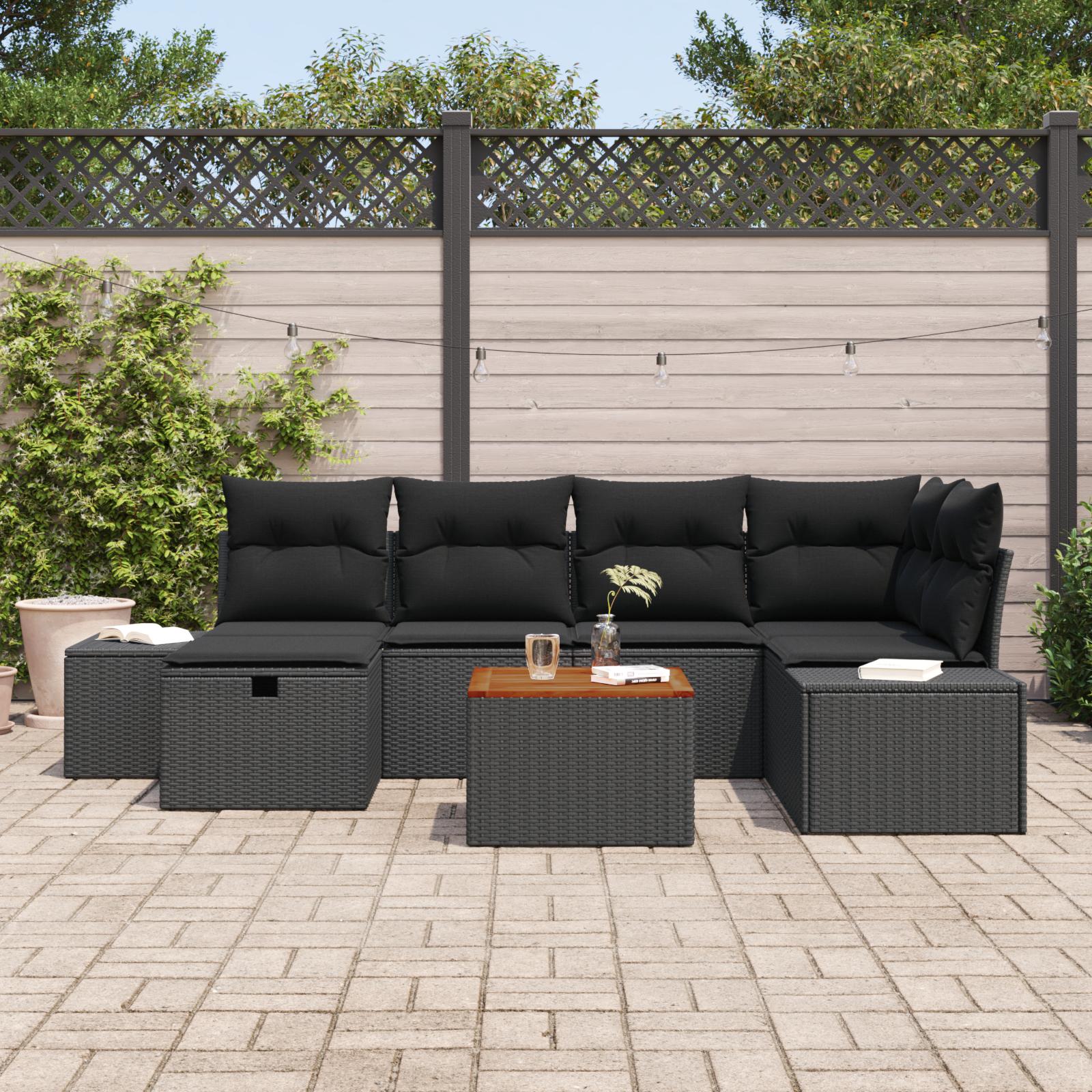 Havesofa sæt med puder og opbevaring 7 stk sort polyrattan