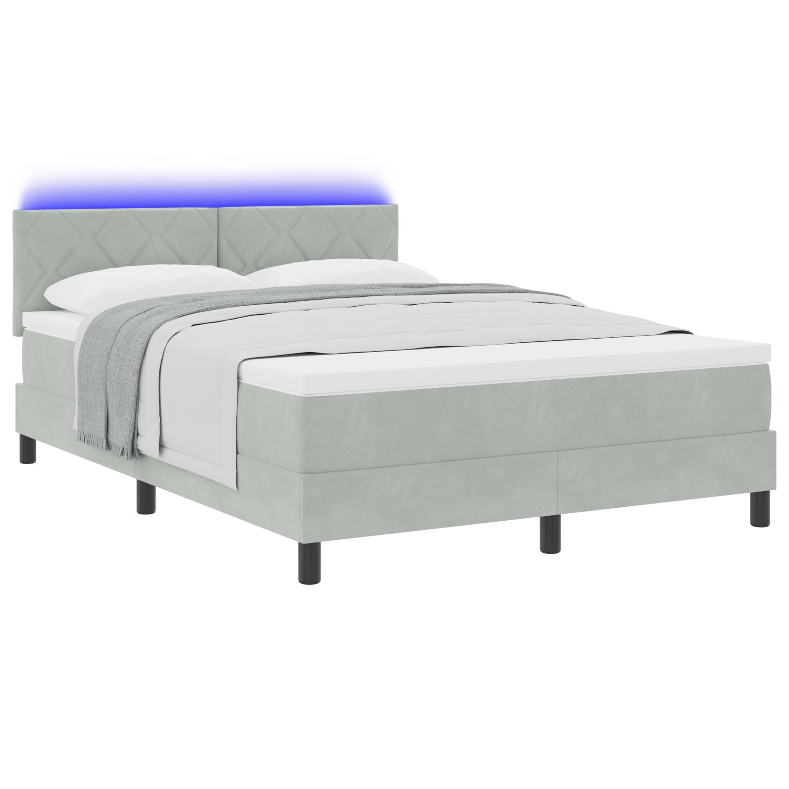 LED Box Spring Bed med madras Lysegrå 140 x 200 cm Fløjl