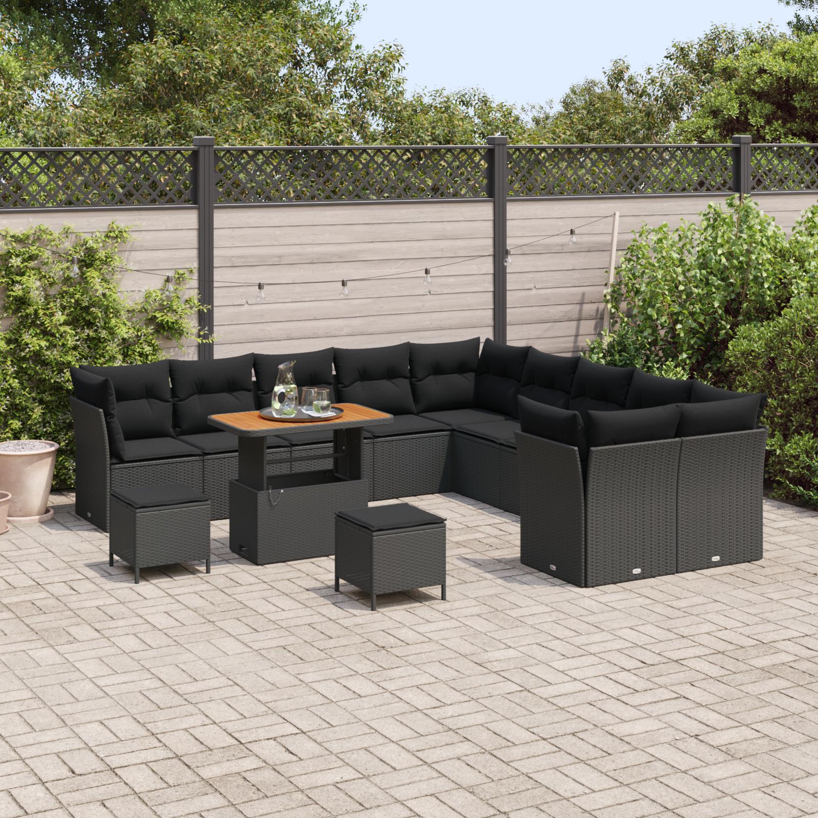 Havesofa sæt i sort polyrattan - 13 dele modulært loungesæt med justerbart bord