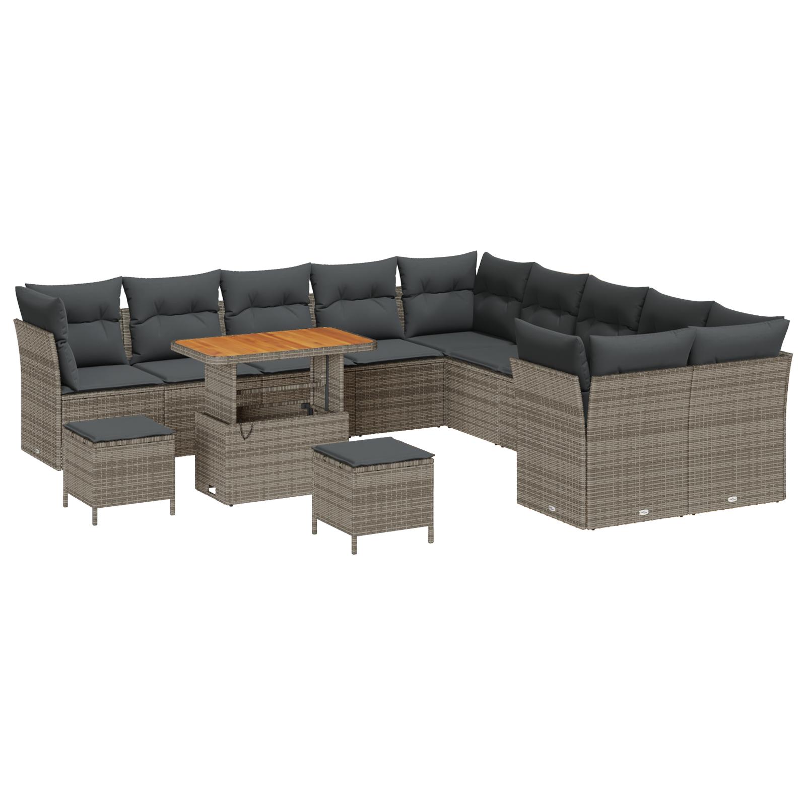 Havesofa sæt i grå polyrattan - 13 dele, modulært loungesæt med justerbart bord