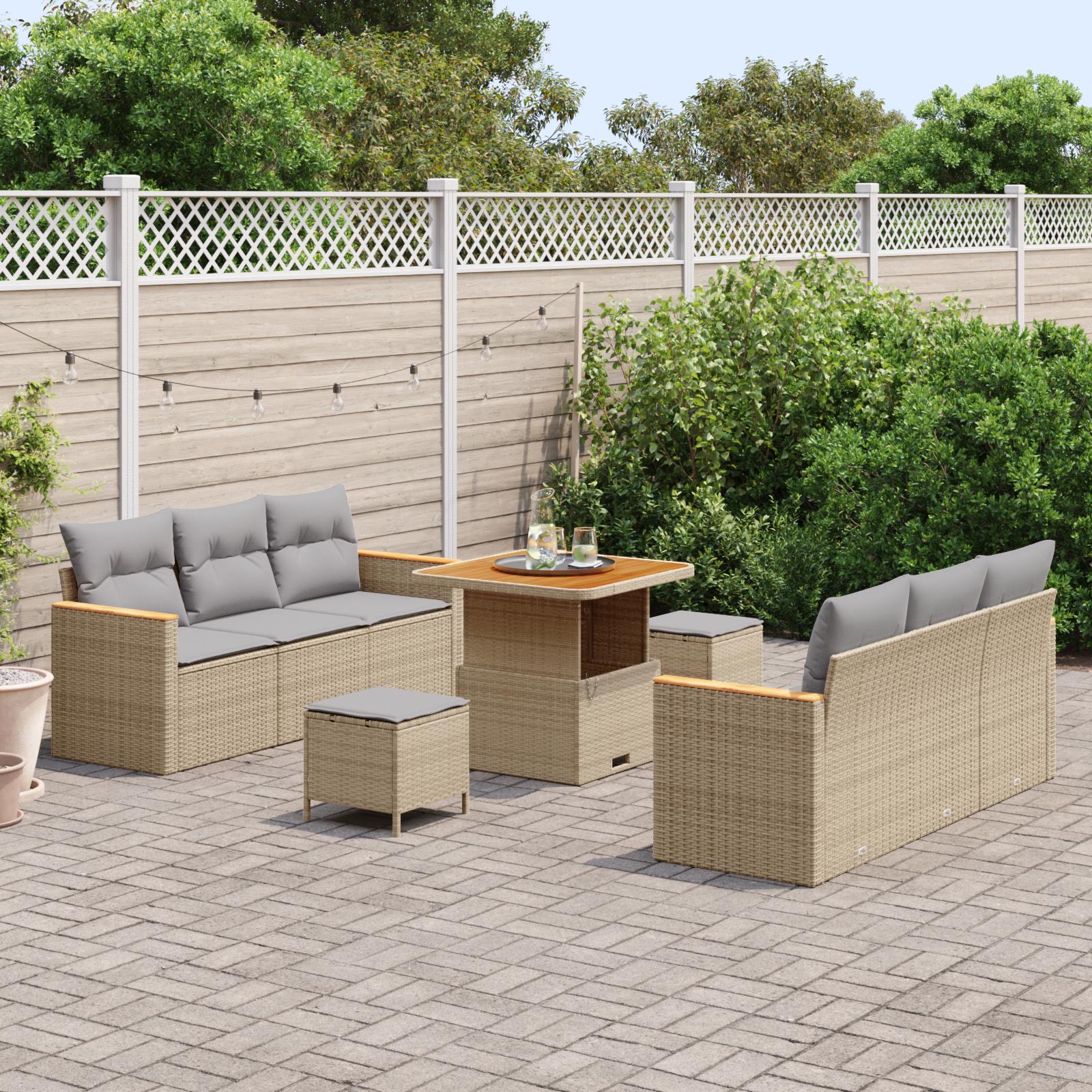 Havesofa Sæt med pude med opbevaring 9 stk Beige Poly rattan