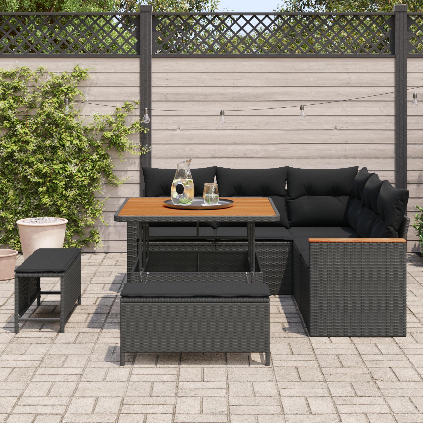 Havesofa Sæt med pude med opbevaring Sort Poly rattan