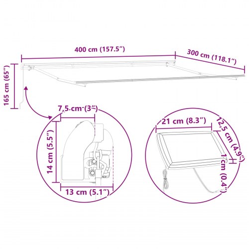 Manual sammenrullelig markise med LED hvid 400x300 cm, markise udskiftningsstof til 4x3 m ramme hvid