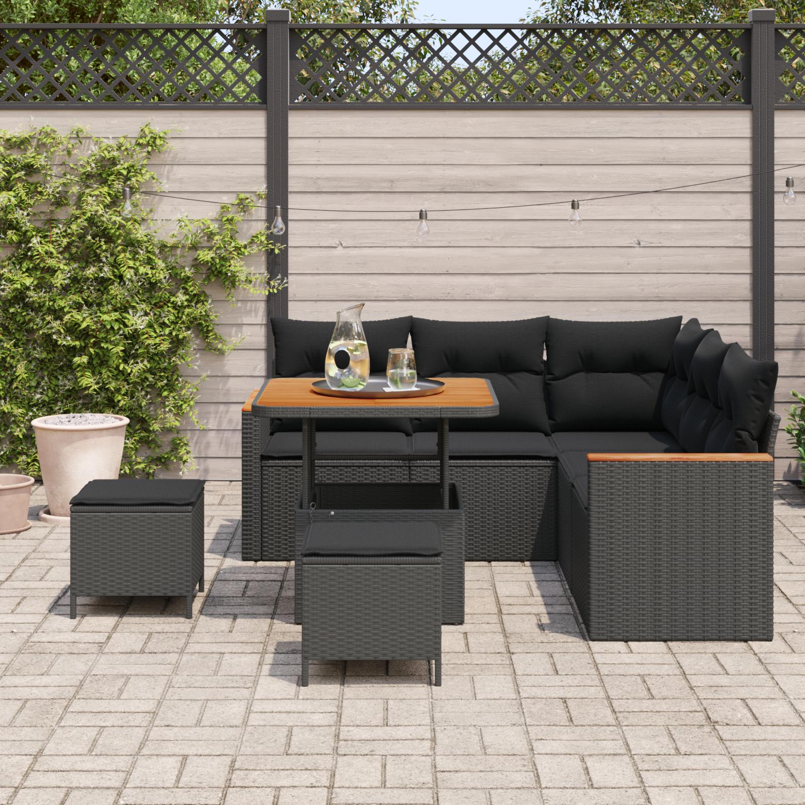 Havesofa Sæt med pude med opbevaring Sort Poly rattan